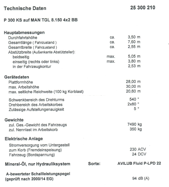 LKW-Arbeitsbühne P 300 KS technische Daten